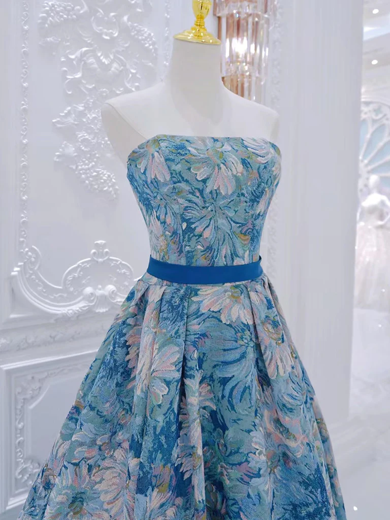 A-Line Flower Satin Blue Long Prom Dress