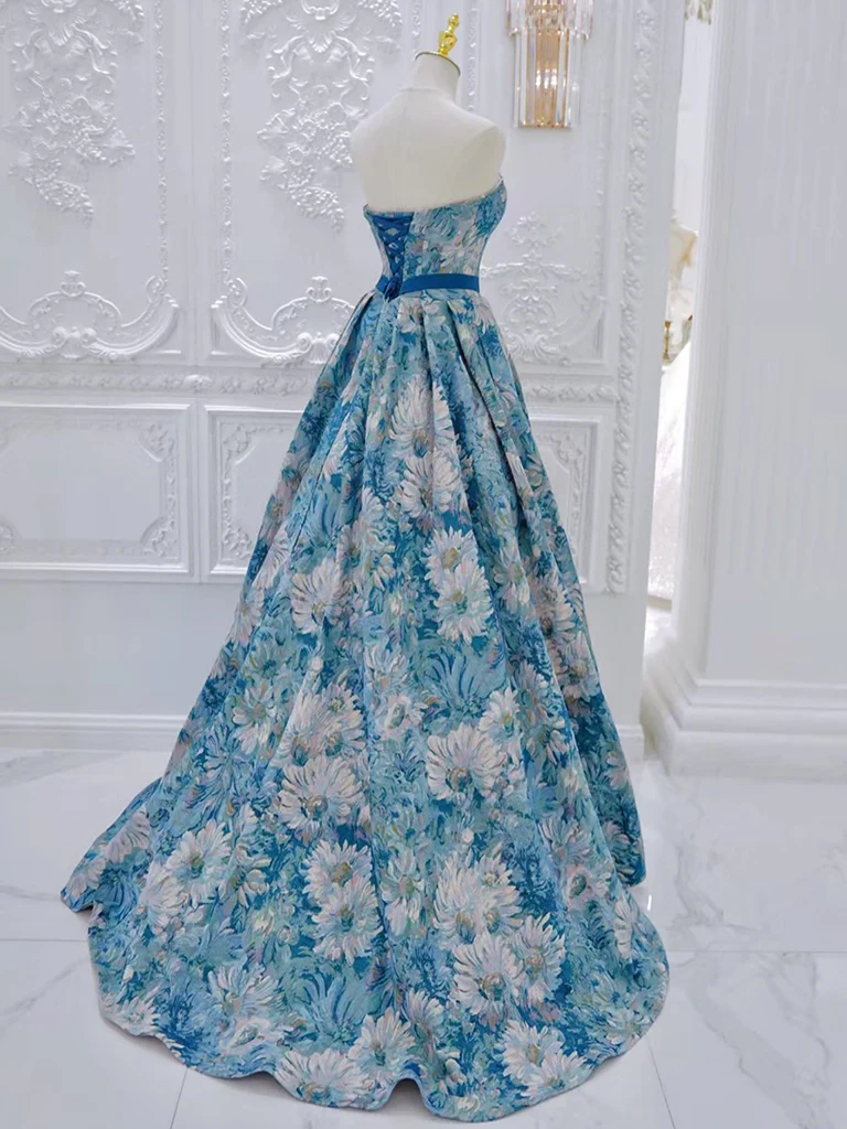 A-Line Flower Satin Blue Long Prom Dress