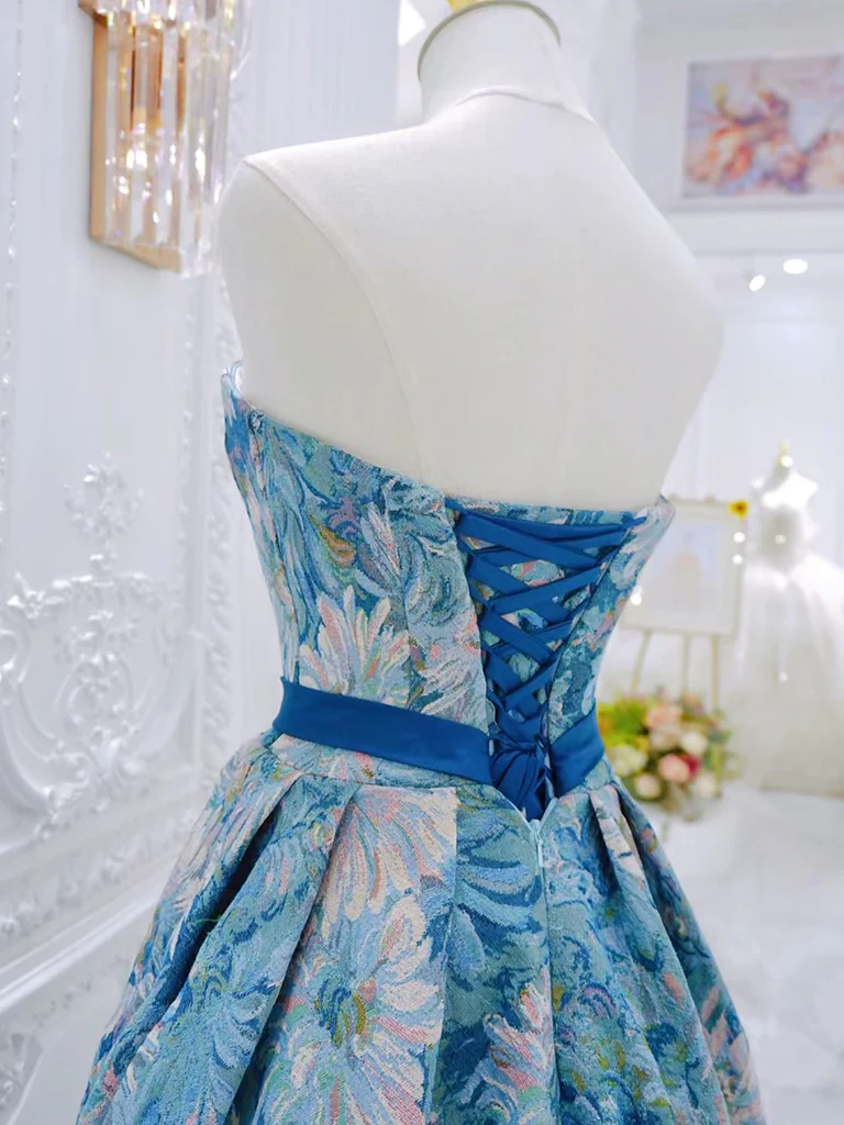 A-Line Flower Satin Blue Long Prom Dress