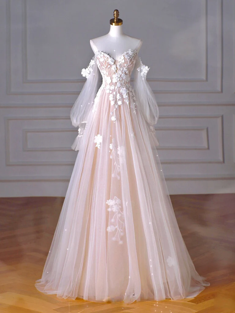 A-Line Long Sleeves Tulle Lace Champagne Long Prom Dress