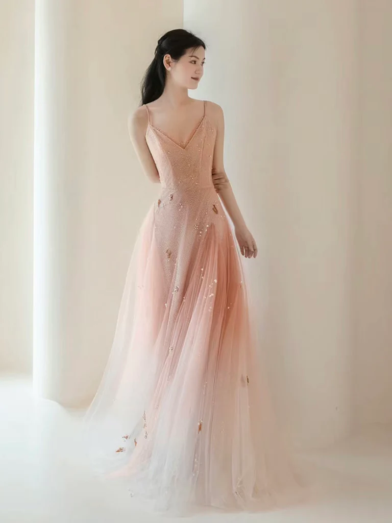 A-Line V Neck Tulle Pink Long Prom Dress
