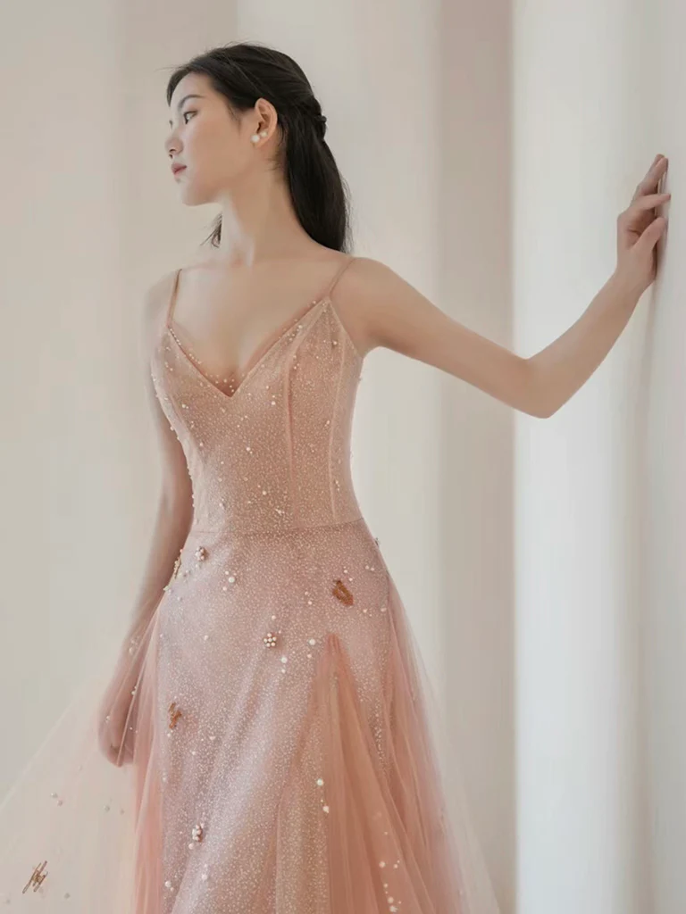 A-Line V Neck Tulle Pink Long Prom Dress