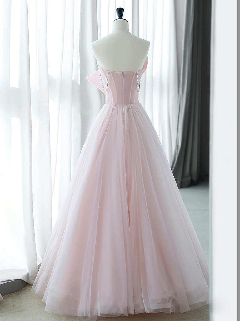 A-Line Pink Organza Long Prom Dress