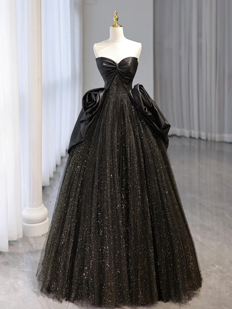 Black Sweetheart Neck Satin Tulle Long Prom Dress