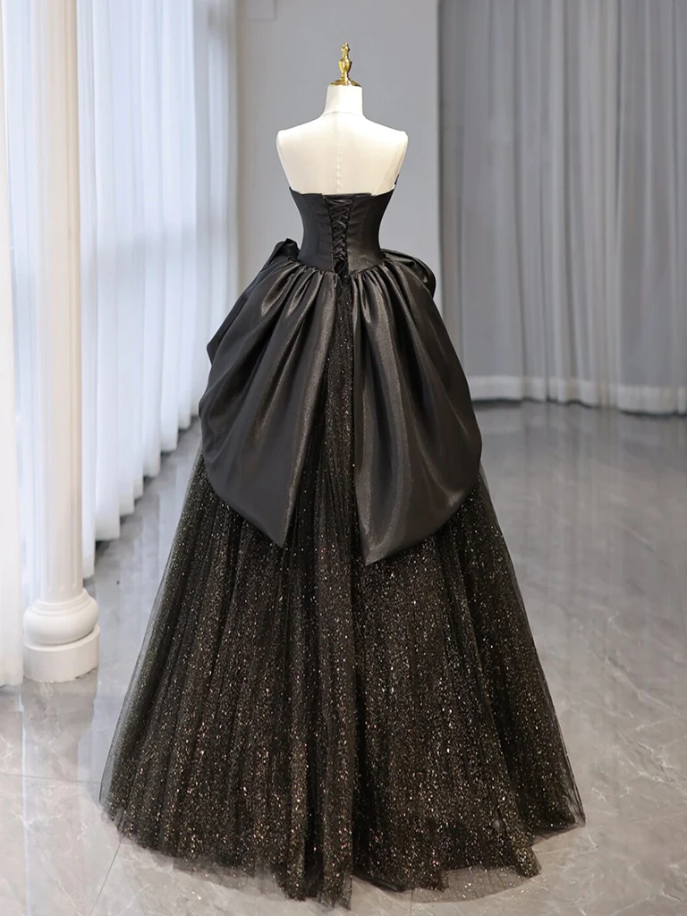 Black Sweetheart Neck Satin Tulle Long Prom Dress