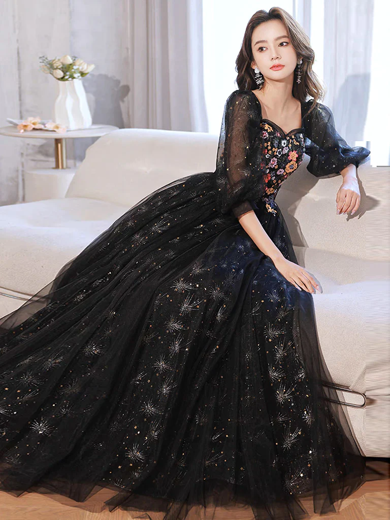A-Line long sleeves Tulle Lace Black Long Prom Dress