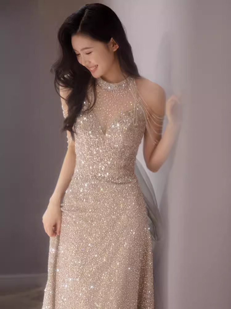 Sexy Mermaid Halter Sequin Champagne Long Prom Dress