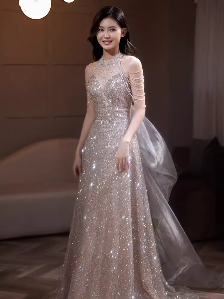 Sexy Mermaid Halter Sequin Champagne Long Prom Dress