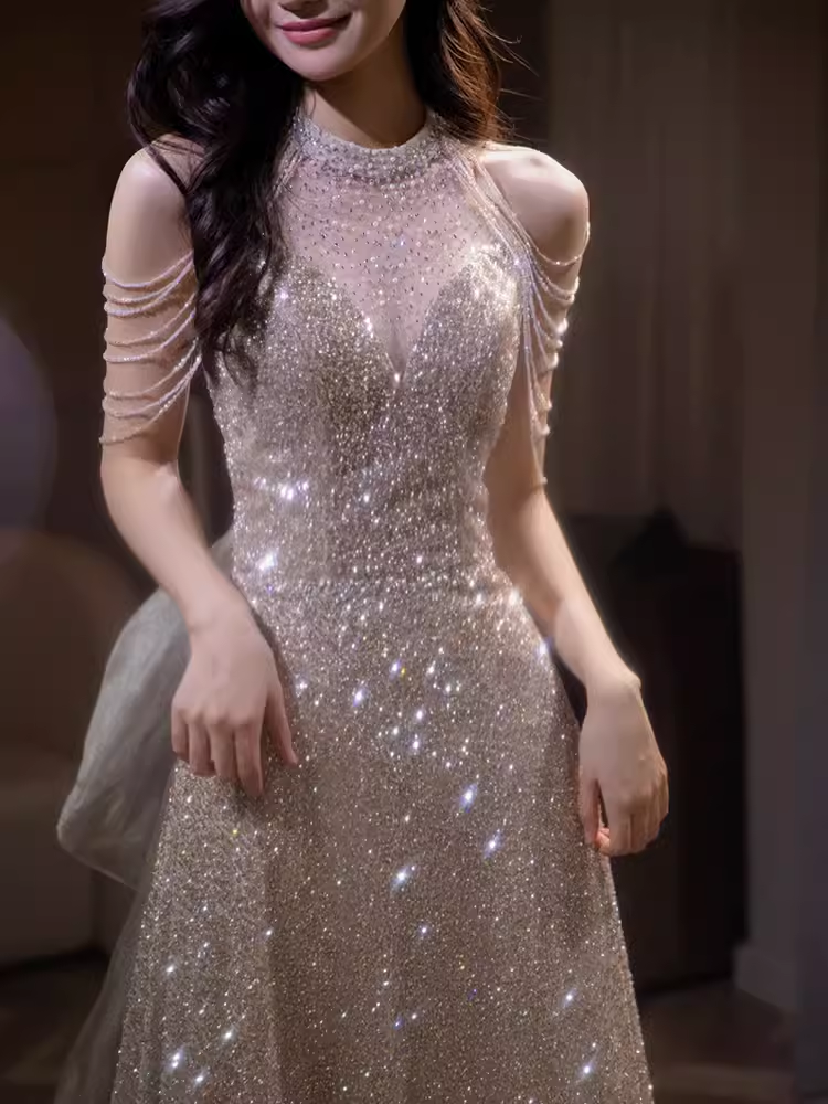 Sexy Mermaid Halter Sequin Champagne Long Prom Dress