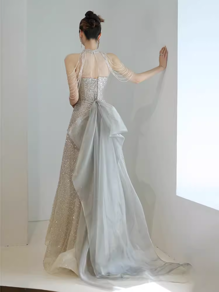 Sexy Mermaid Halter Sequin Champagne Long Prom Dress