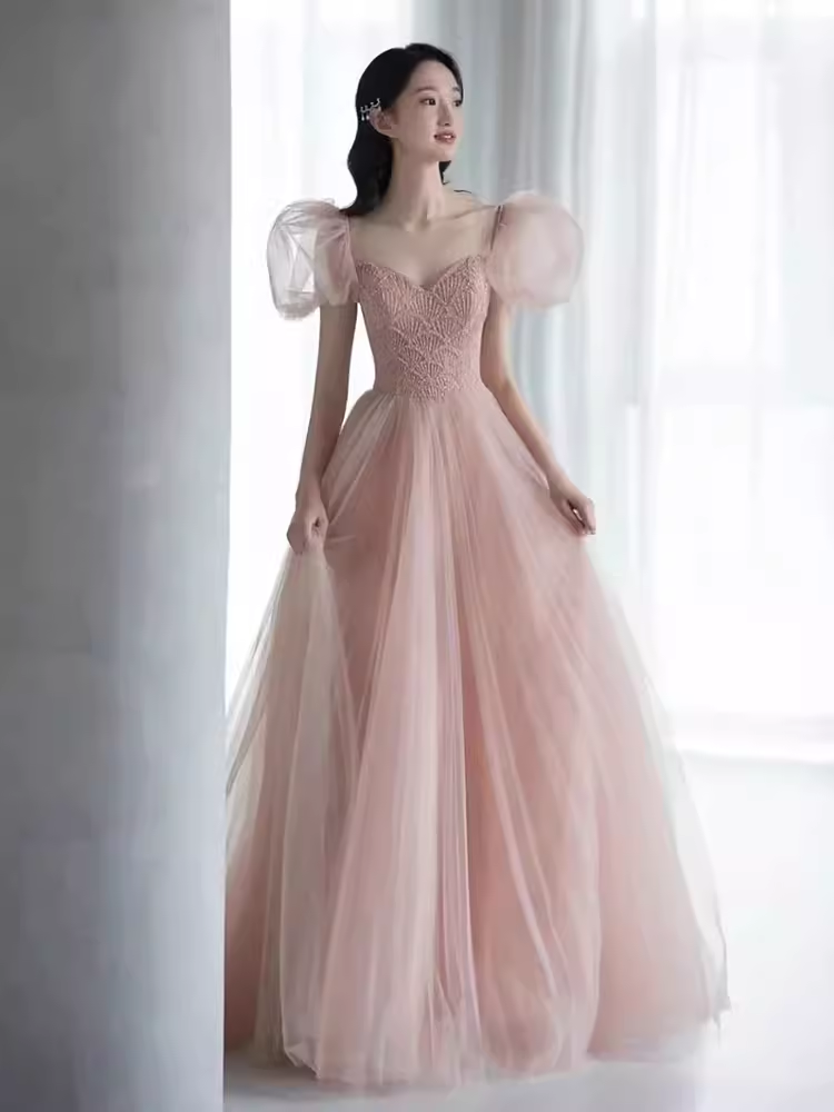 Elegant A line Puffy Sleeves Pink Tulle Long Prom Dress
