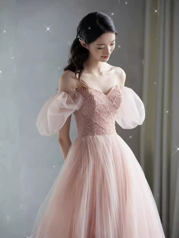 Elegant A line Puffy Sleeves Pink Tulle Long Prom Dress