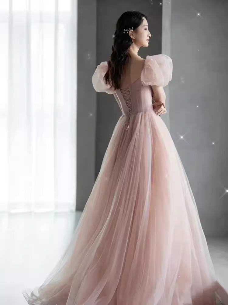 Elegant A line Puffy Sleeves Pink Tulle Long Prom Dress