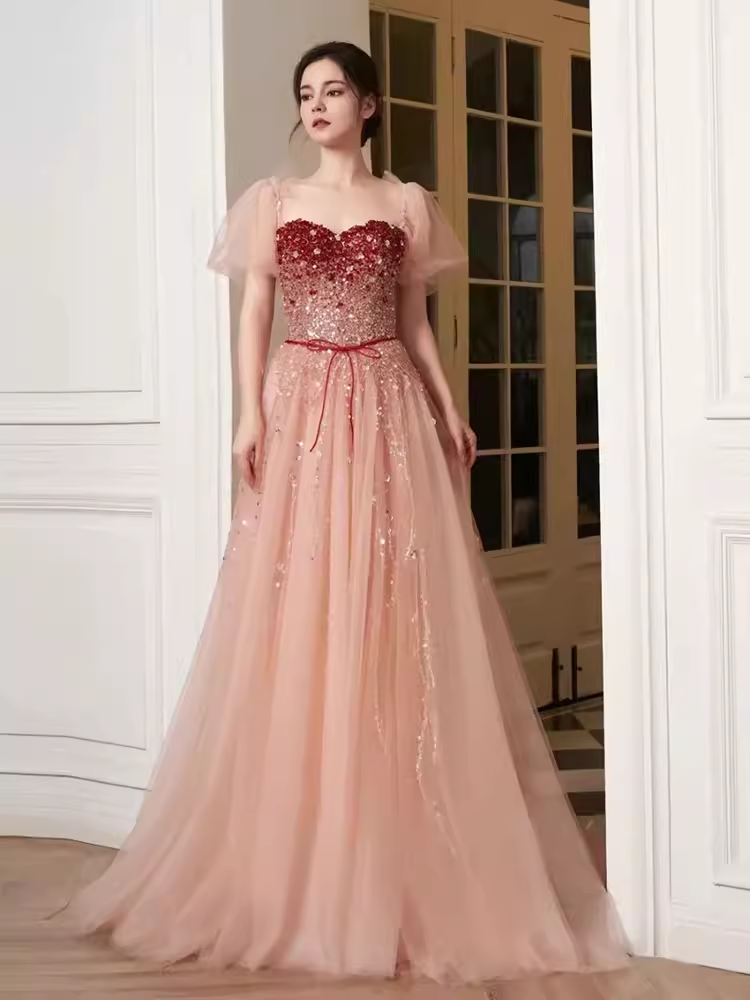 Elegant A line Puffy Sleeves Pink Tulle Long Prom Dress