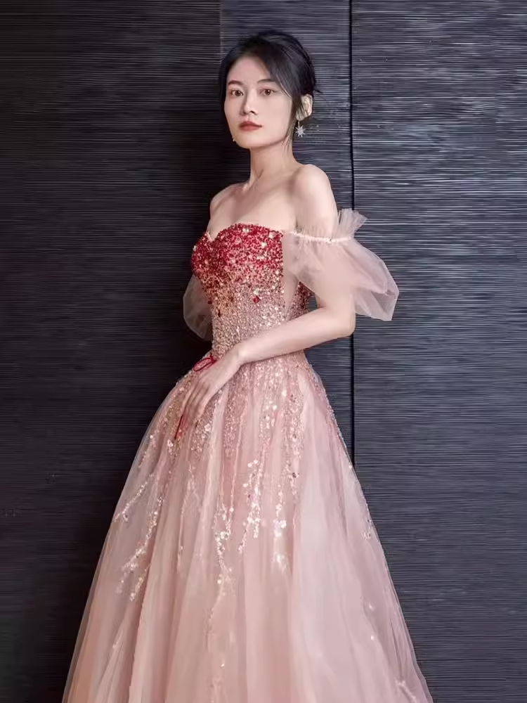 Elegant A line Puffy Sleeves Pink Tulle Long Prom Dress