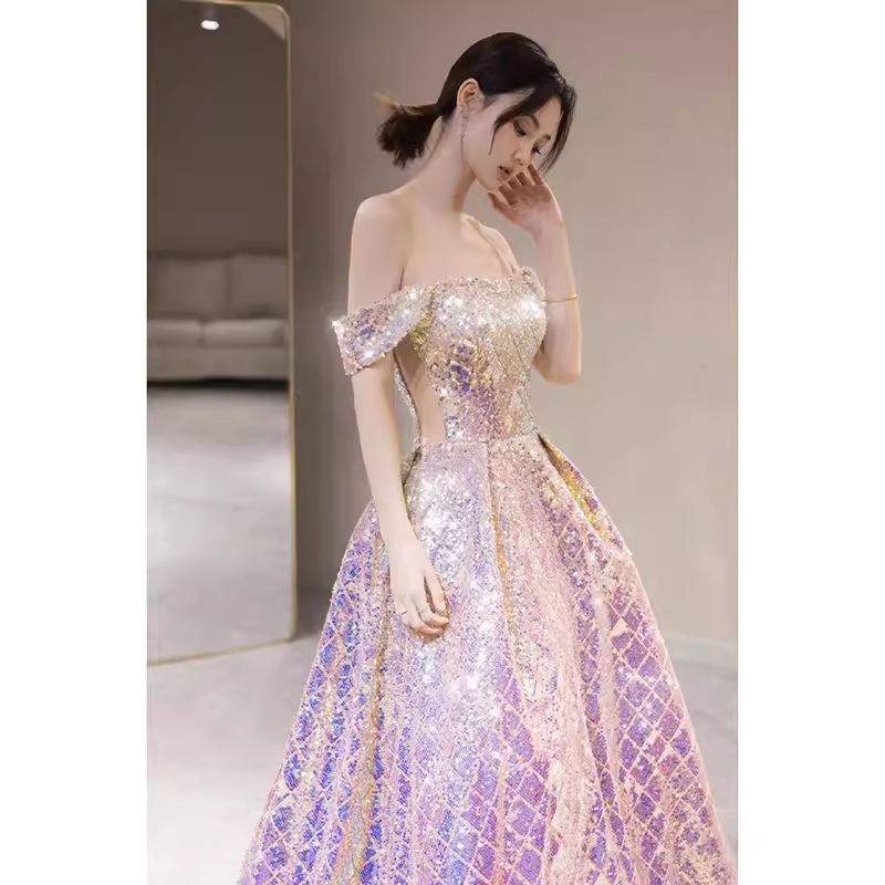 Elegant A line Strapless Lilac Sequin Long Prom Dress