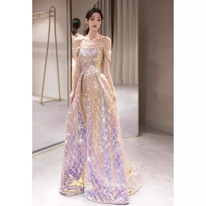 Elegant A line Strapless Lilac Sequin Long Prom Dress