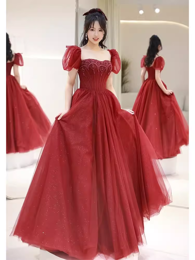 Elegant A line Puffy Sleeves Burgundy Long Prom Dress