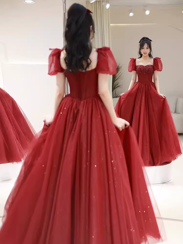 Elegant A line Puffy Sleeves Burgundy Long Prom Dress