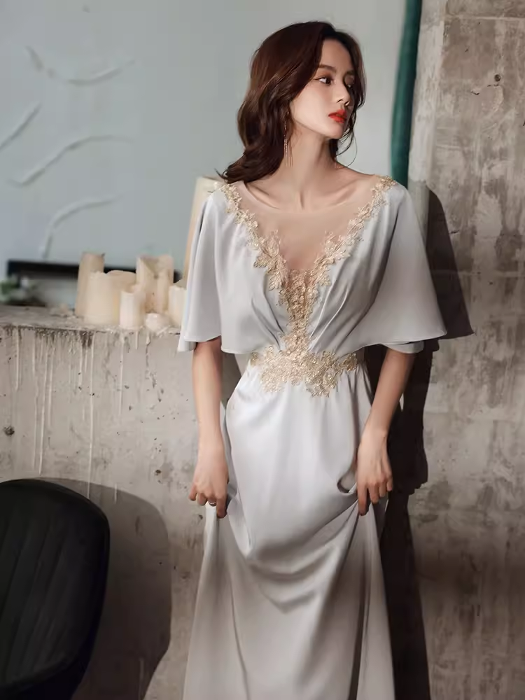 Elegant A line Short Sleeves Long Prom Dress
