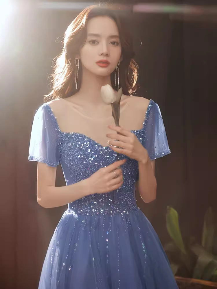Elegant A line Short Sleeves Long Blue Prom Dress