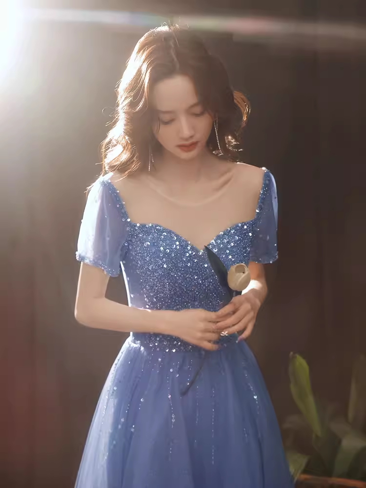 Elegant A line Short Sleeves Long Blue Prom Dress