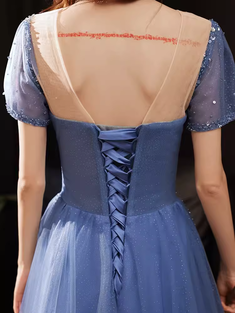 Elegant A line Short Sleeves Long Blue Prom Dress