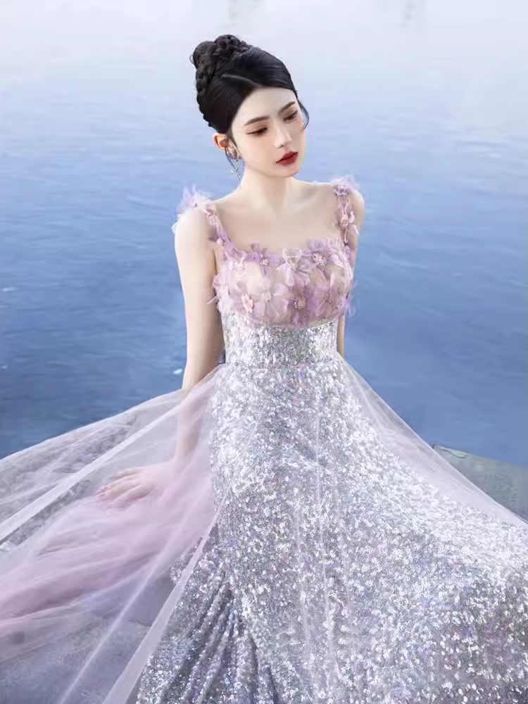 Elegant A line Short Sleeves Long Lilac Prom Dress