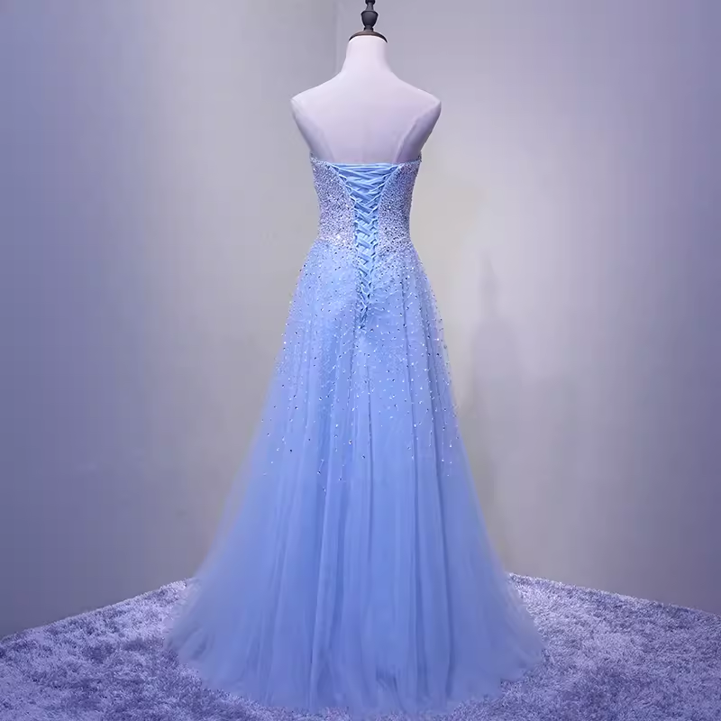 Elegant A line Strapless Sleelves Long Light Sky Blue Prom Dress