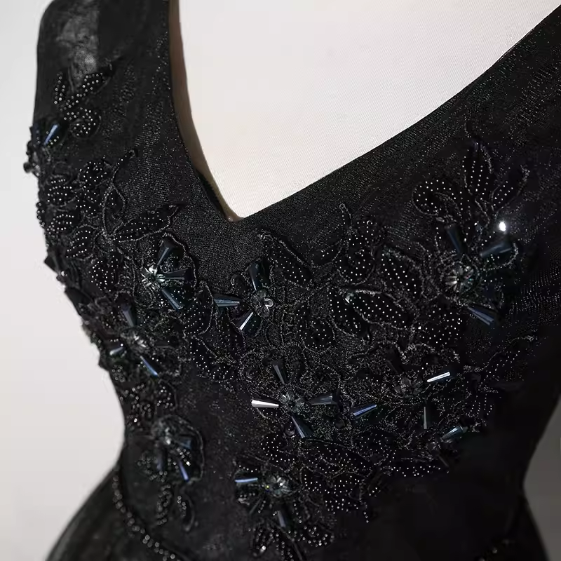 Elegant A line V Neckline Tulle Long Black Prom Dress