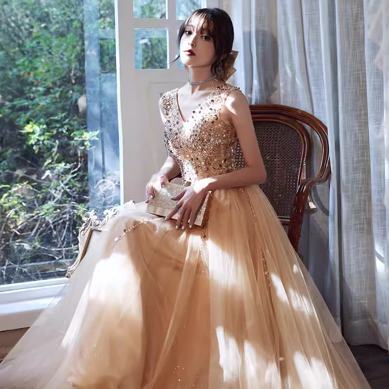Elegant A line V Neckline Tulle Long Champagne Prom Dress