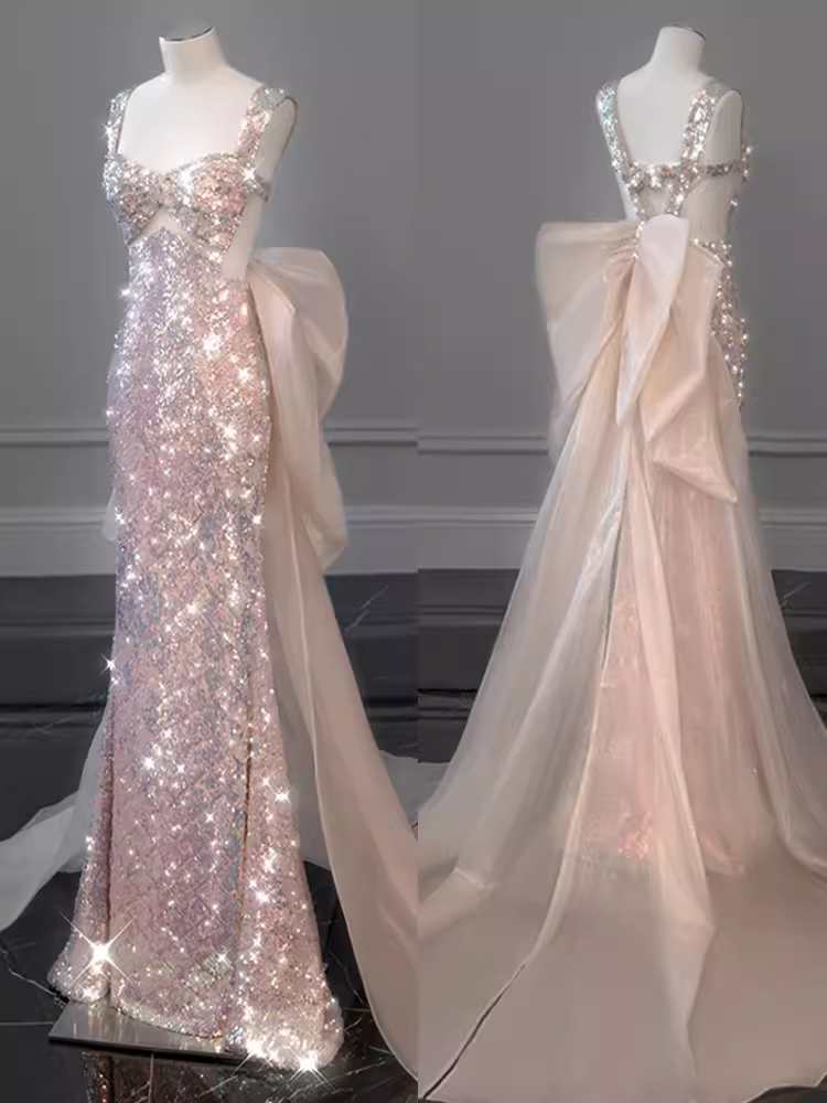 Elegant Mermaid Straps Long Sequin Prom Dress