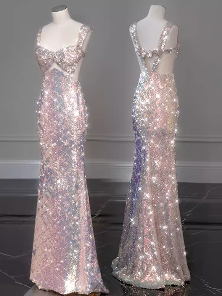 Elegant Mermaid Straps Long Sequin Prom Dress