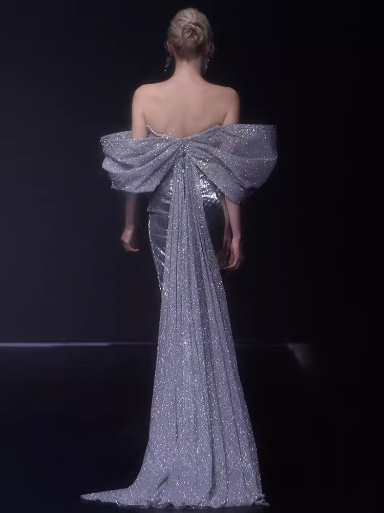 Elegant Mermaid Strapless Long Sequin Silver Prom Dress