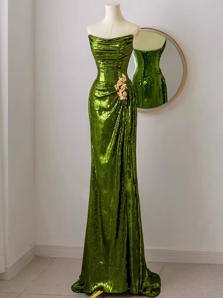 Elegant Mermaid Strapless Long Sequin Green Prom Dress