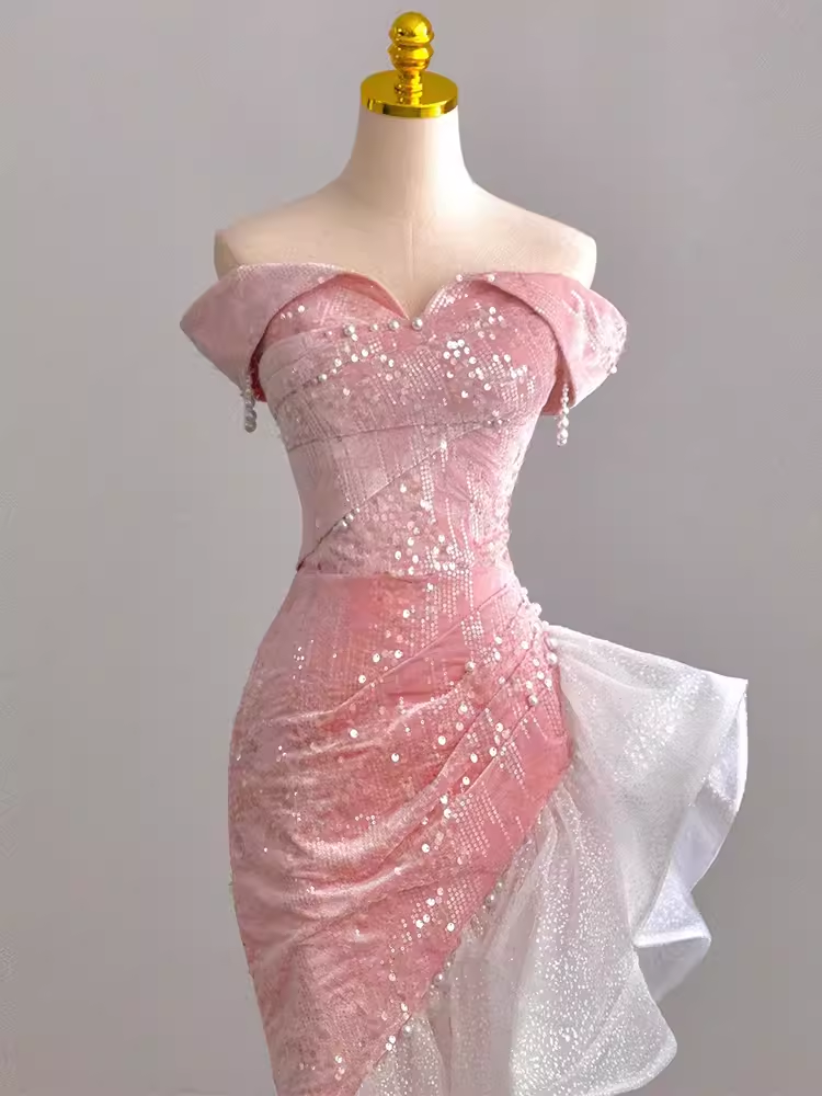Elegant High Low Strapless Sequin Pink Velvet Prom Dress