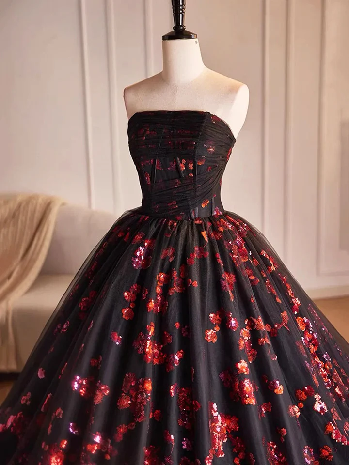 Black and Red Floral Tulle Long Strapless Formal Sweet 16 Dress