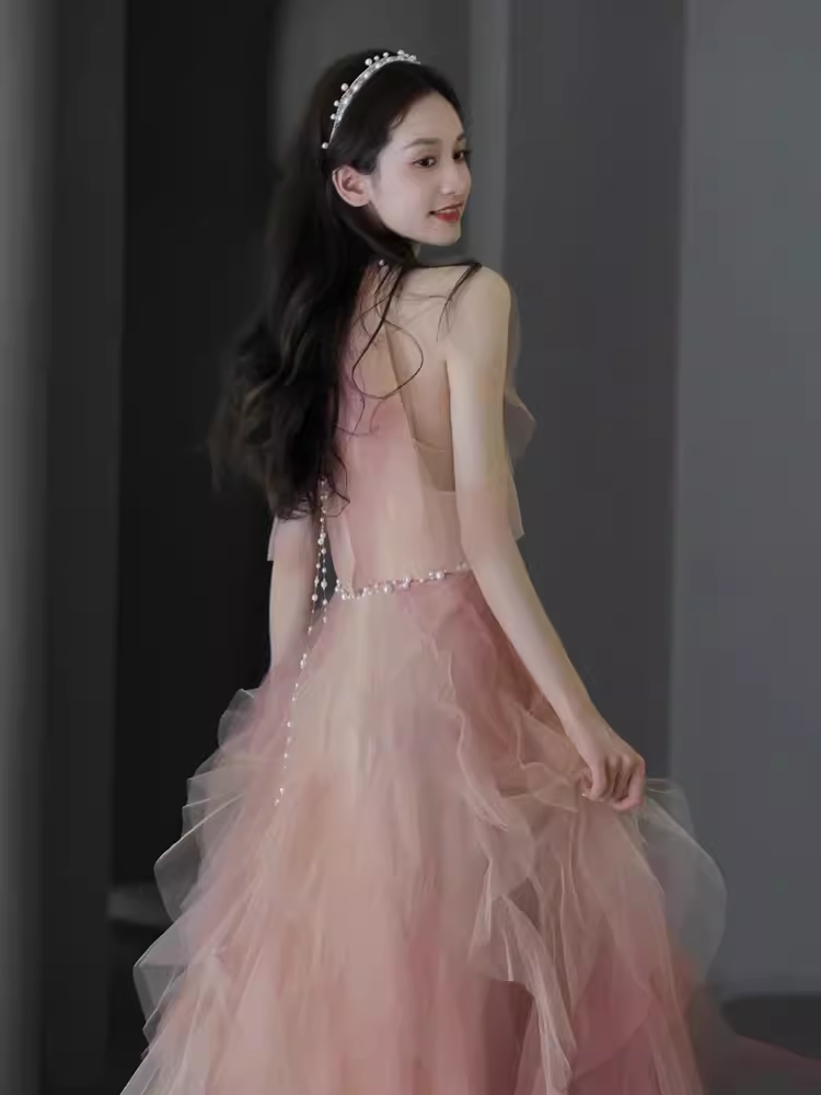 Lovely A line Pink Tulle Long Prom Dress
