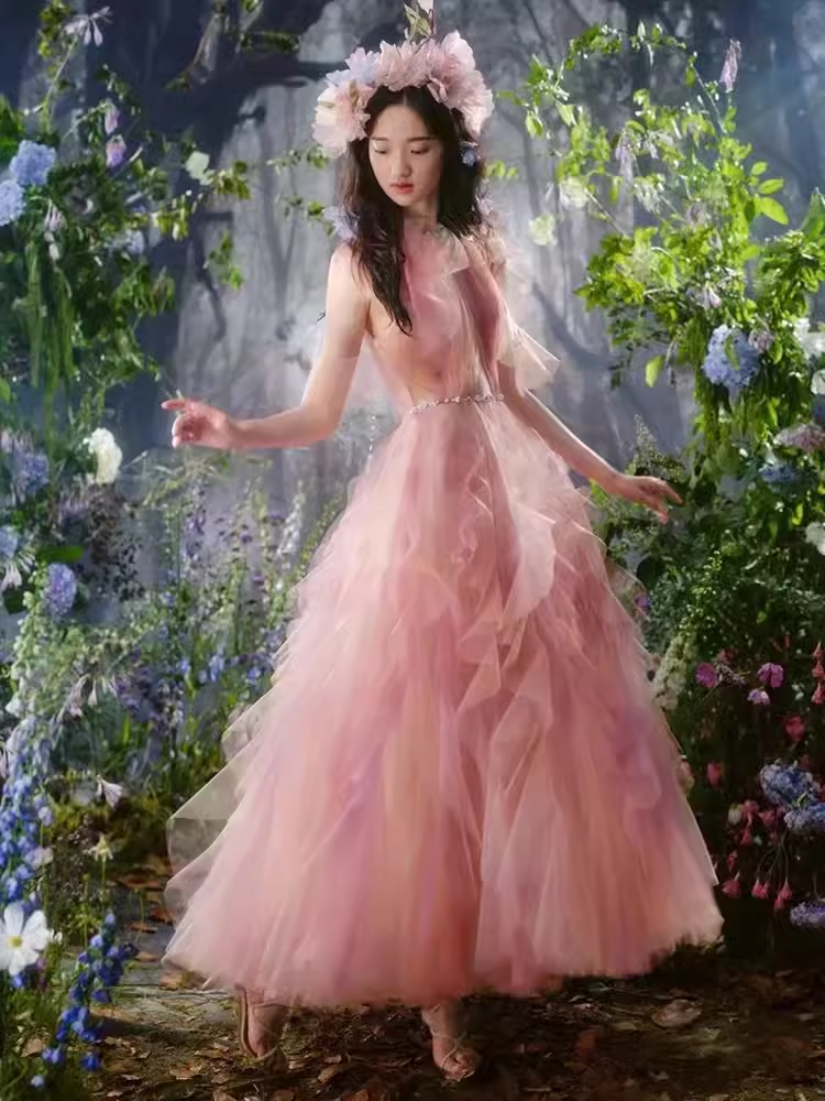 Lovely A line Pink Tulle Long Prom Dress