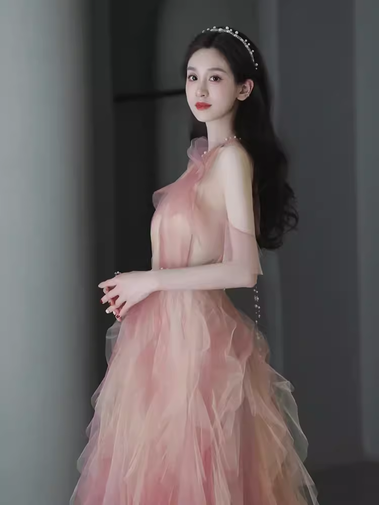 Lovely A line Pink Tulle Long Prom Dress