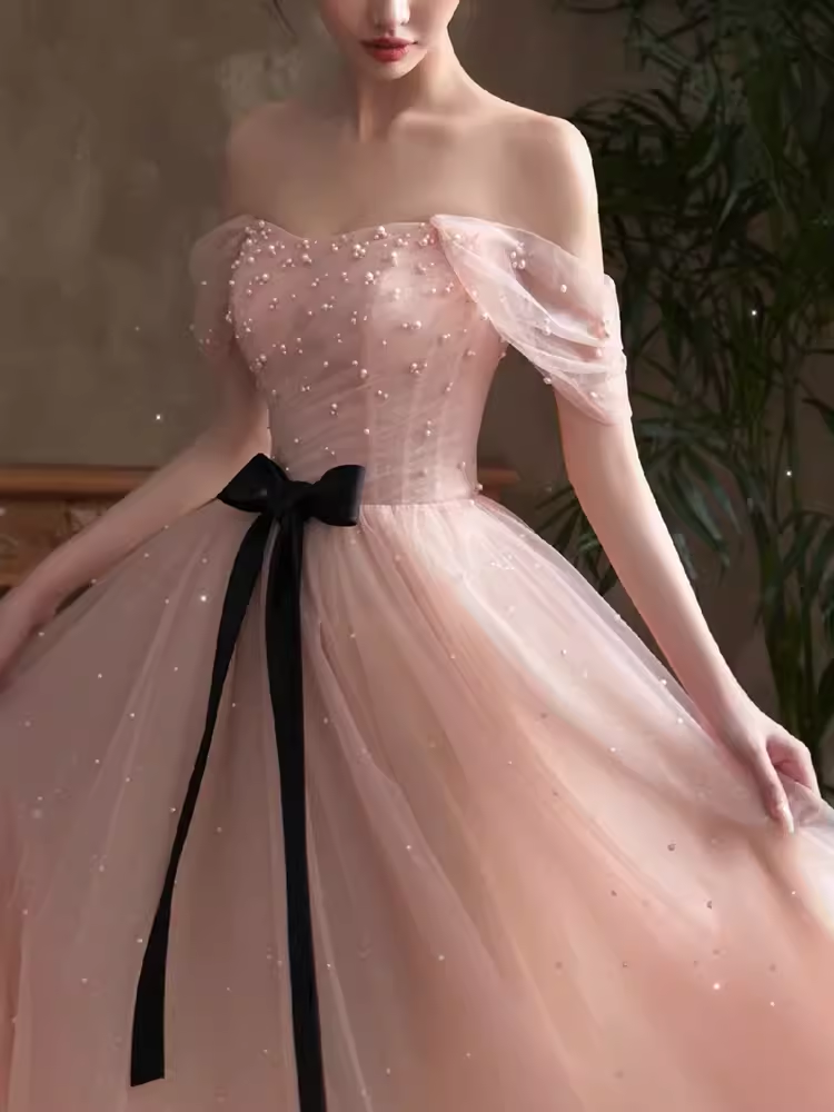 Lovely A line Pink Tulle Cap Sleeves Long Prom Dress