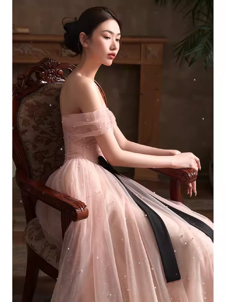 Lovely A line Pink Tulle Cap Sleeves Long Prom Dress