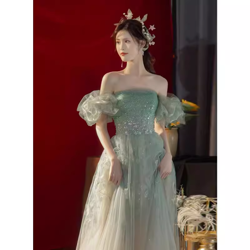 Lovely A line Off The Shoulder Mint Green Tulle Long Prom Dress