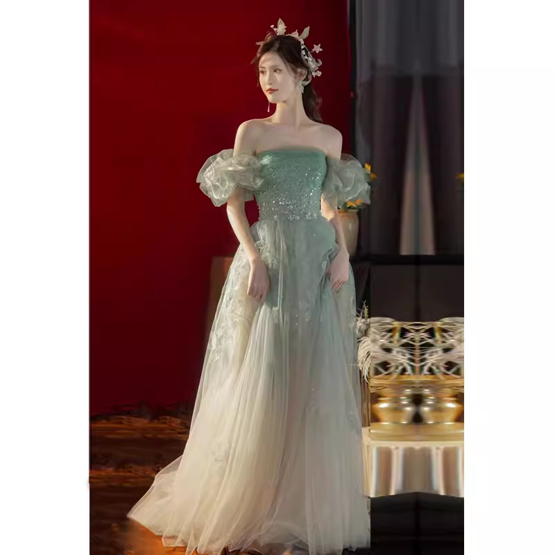 Lovely A line Off The Shoulder Mint Green Tulle Long Prom Dress