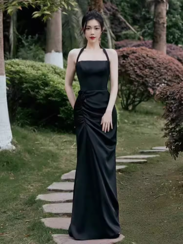 Sexy Mermaid Halter Black Satin Long Prom Dress