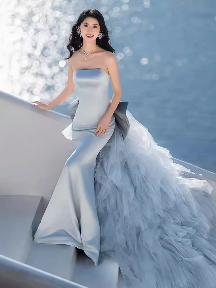 Sexy Mermaid Strapless Blue Satin Long Prom Dress