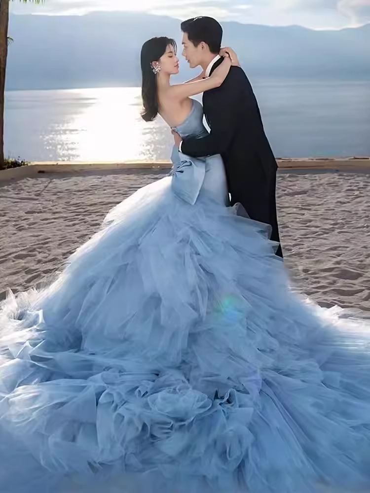Sexy Mermaid Strapless Blue Satin Long Prom Dress