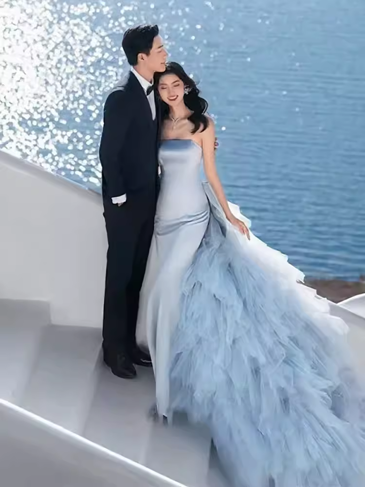 Sexy Mermaid Strapless Blue Satin Long Prom Dress