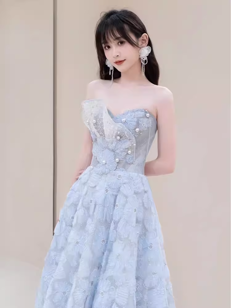 Sexy A line Strapless Blue Lace Long Prom Dress