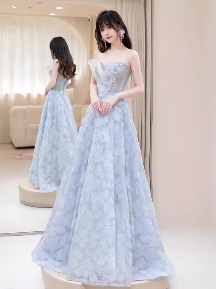 Sexy A line Strapless Blue Lace Long Prom Dress